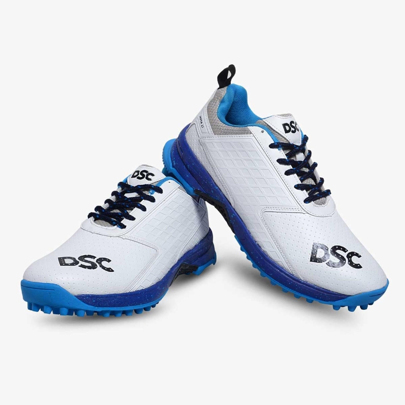 DSC Jaffa 22 Junior Cricket Shoes - White/Navy (2023) - Zapatos