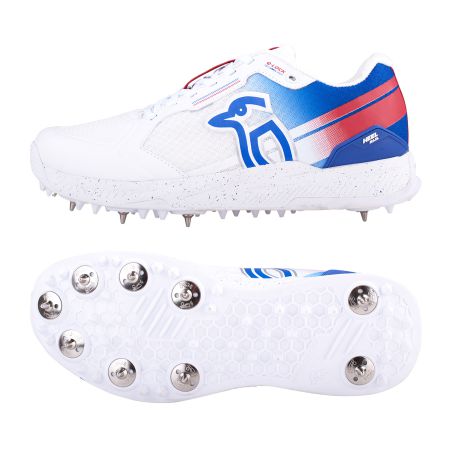 Kookaburra KC 1.0 Spike Cricket Shoes - White/Blue/Red (2024)